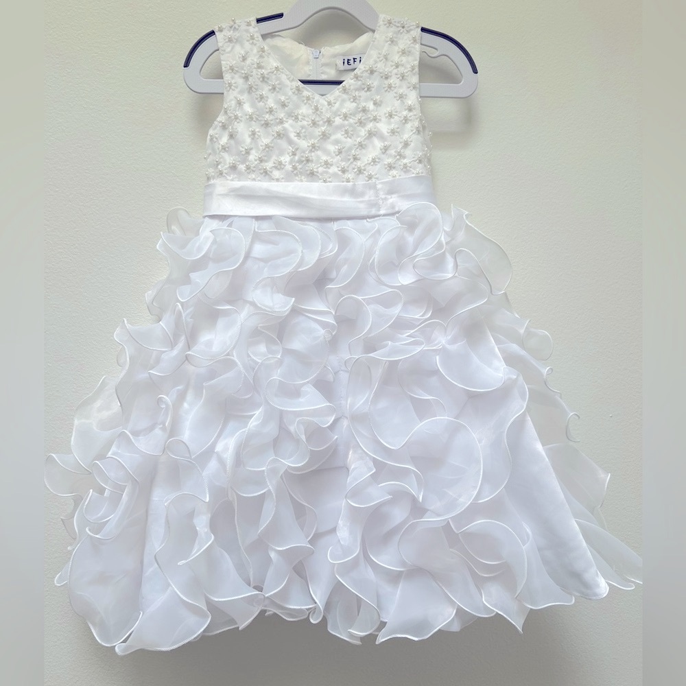 Elegant White Kids formal Recital Wedding Party Dress with Floral Details size:5